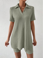 Sage ribbed polo shirt and shorts set with V-neck and collar detail
