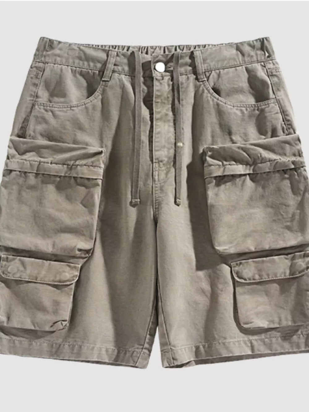 Khaki cargo shorts with multiple pockets and drawstring waist.