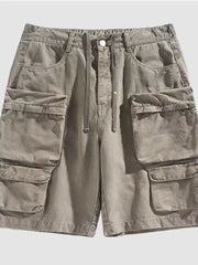 Khaki cargo shorts with multiple pockets and drawstring waist.