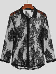 Black sheer floral embroidered button-down shirt with lace details