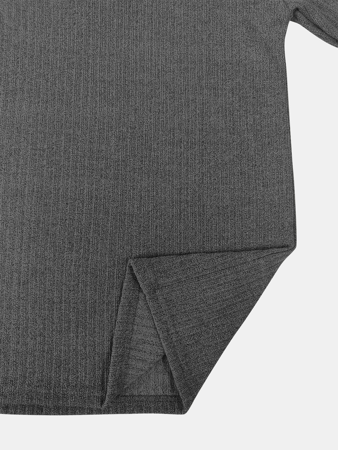 Dark gray ribbed knit pullover sweater with side slit detail