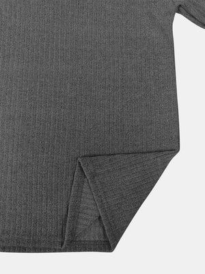 Dark gray ribbed knit pullover sweater with side slit detail