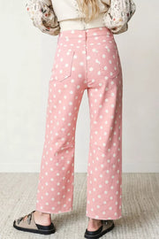 Polka Dot Wide Leg Jeans in Blush Pink, side view