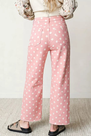 Polka Dot Wide Leg Jeans in Blush Pink, side view