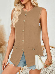 Camel buttoned knit vest with pockets and round neckline
