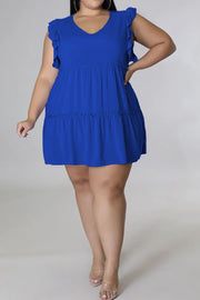 Royal blue tiered ruffle babydoll mini dress with V-neck and flutter sleeves.