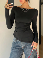 Black long sleeve tee with ruched side detail and boat neck