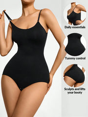 Black ribbed contour shaping bodysuit with adjustable spaghetti straps and full coverage bottom.