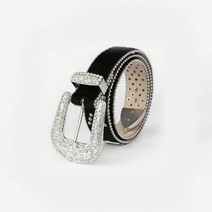 Black crystal embellished western belt with ornate silver buckle