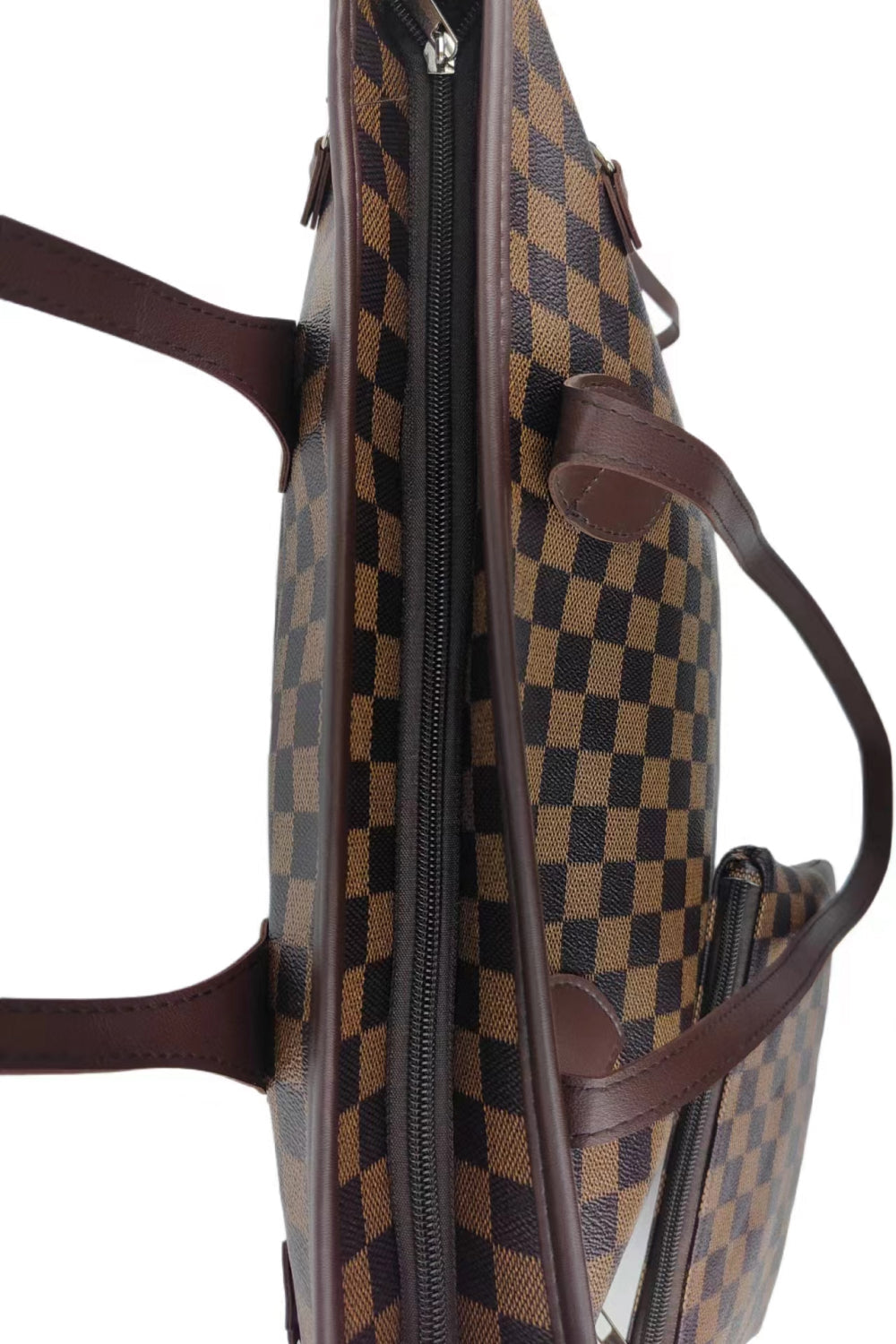 Damier tote bag and matching pouch in brown and black checkered pattern with leather straps.