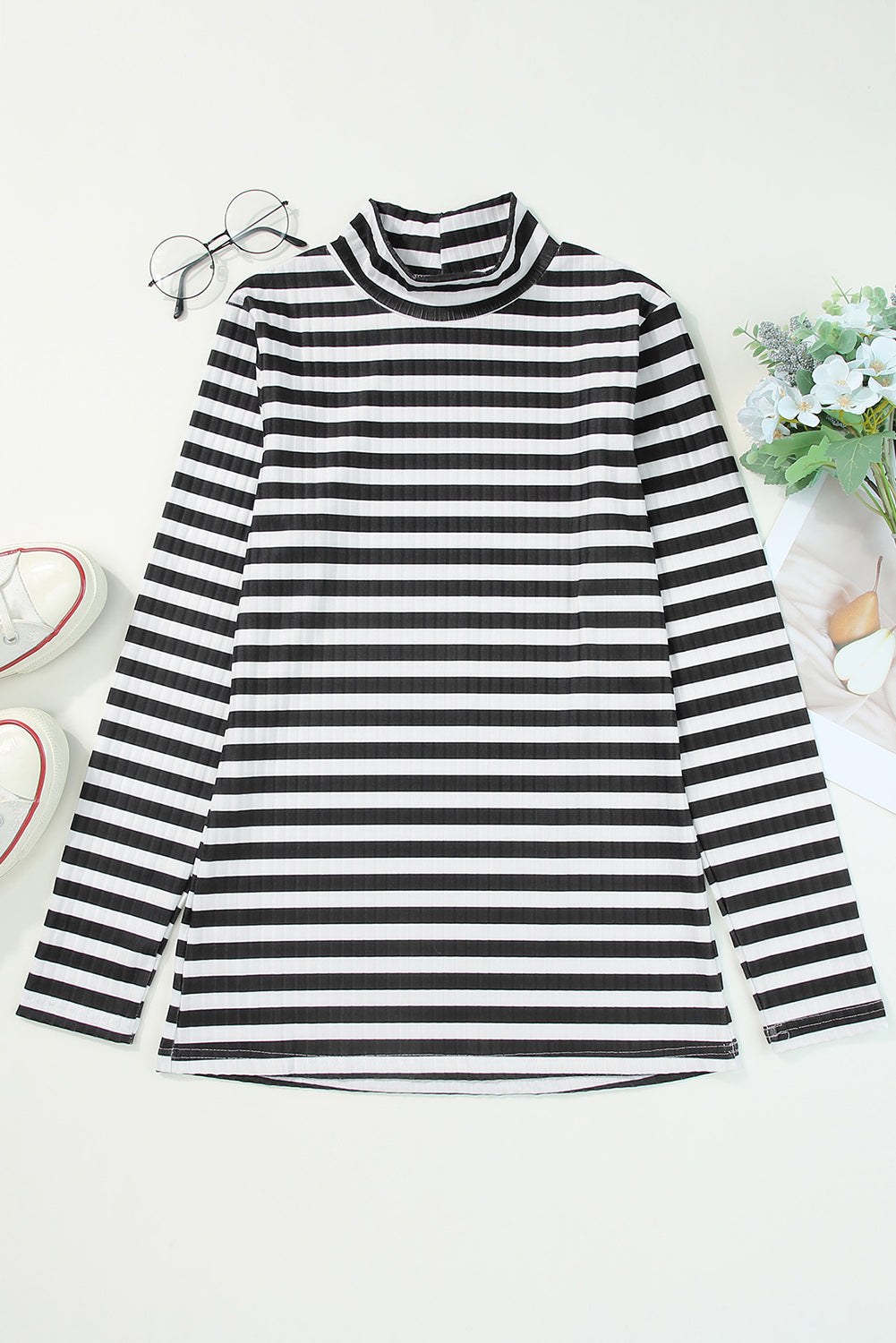 Ribbed stripe slim-fit turtleneck sweater with a mock neck and long sleeves.
