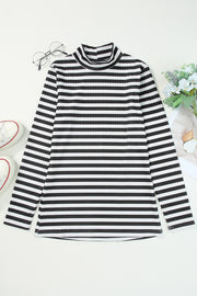 Ribbed stripe slim-fit turtleneck sweater with a mock neck and long sleeves.
