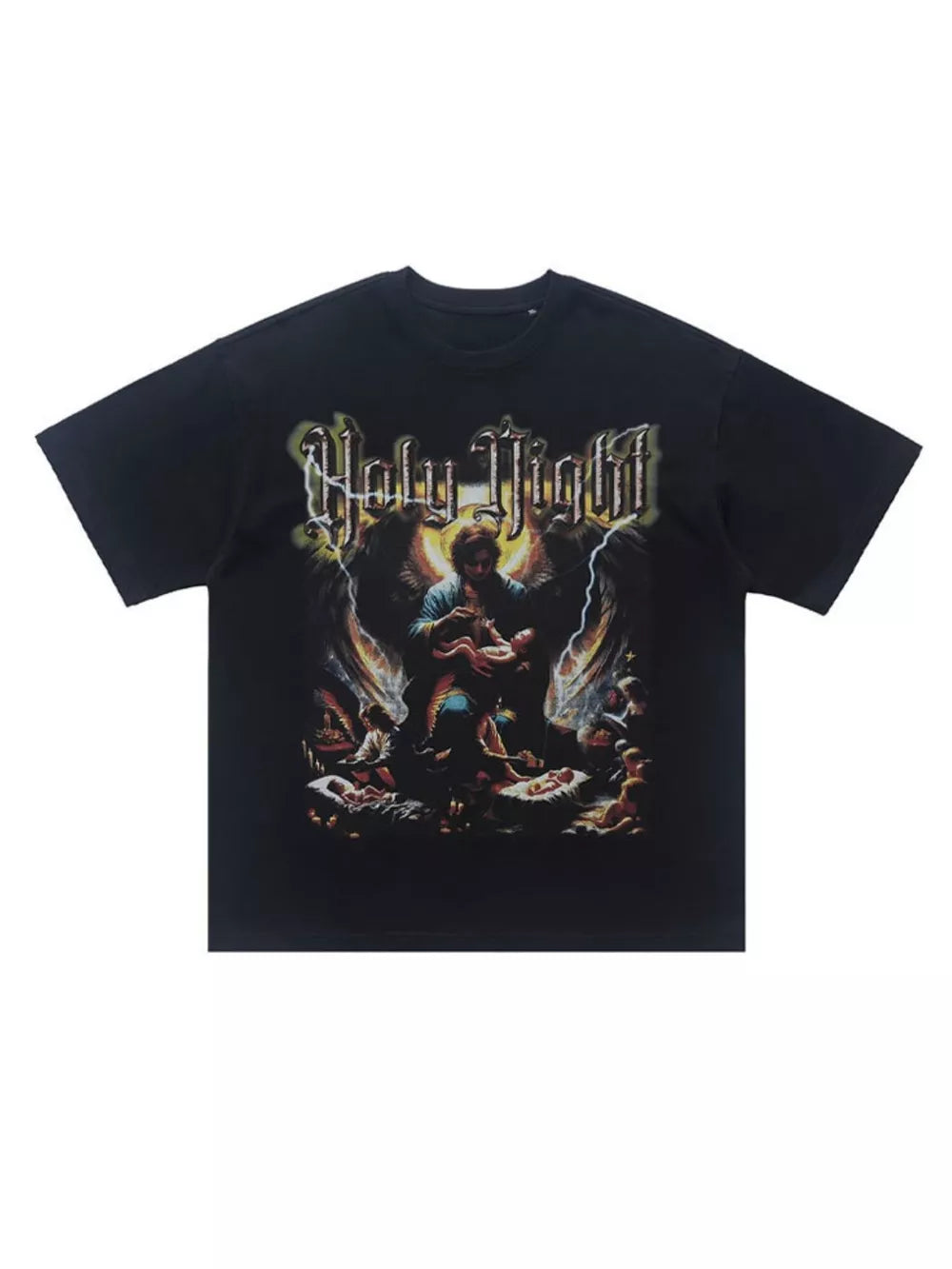 Black oversized cotton t-shirt with Holy Night graphic print and angelic imagery.