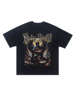 Black oversized cotton t-shirt with Holy Night graphic print and angelic imagery.