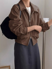 Brown zip-up long-sleeve jacket with collar and ribbed hem detail.