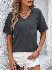 Charcoal ribbed V-neck t-shirt with short sleeves and a chest pocket.