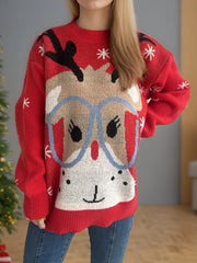 Red acrylic reindeer graphic knit sweater with snowflake details.