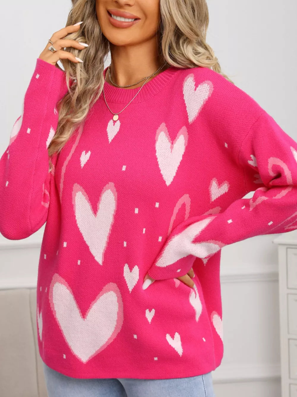 Heartfelt Fuchsia Knit Sweater with allover white hearts and dots, crew neck, long sleeves.
