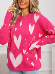 Heartfelt Fuchsia Knit Sweater with allover white hearts and dots, crew neck, long sleeves.