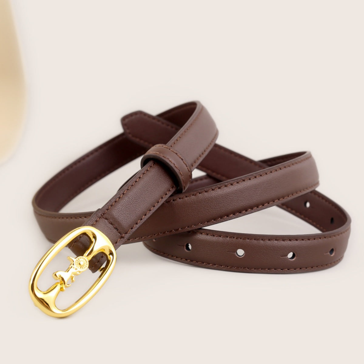Brown cowhide leather belt with gold horse carriage buckle