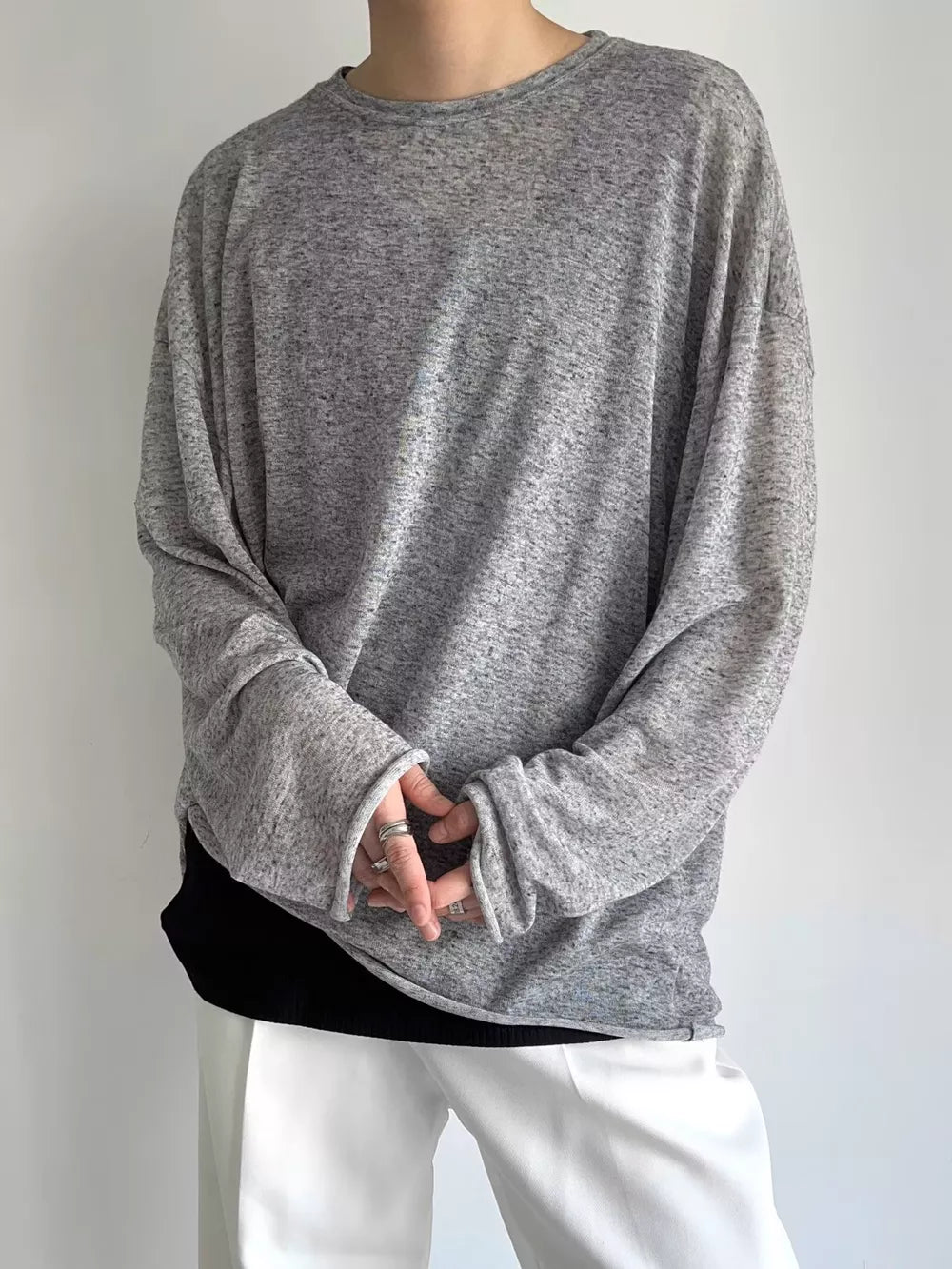 Men's Plus Size Heathered Long-sleeve T-shirt in Black, close-up detail