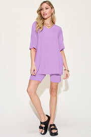 Lavender bamboo loungewear set with relaxed fit tee and bike shorts