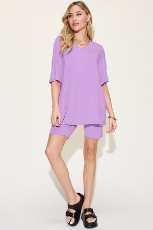 Lavender bamboo loungewear set with relaxed fit tee and bike shorts