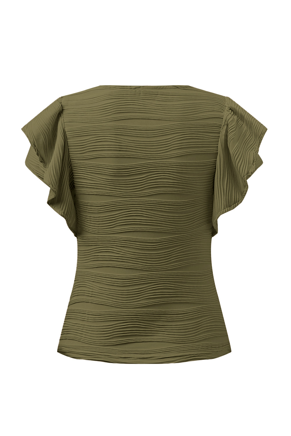 Moss green textured bodysuit with ruffle sleeves and a square neckline.