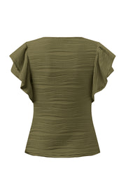 Moss green textured bodysuit with ruffle sleeves and a square neckline.