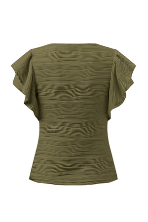 Moss green textured bodysuit with ruffle sleeves and a square neckline.