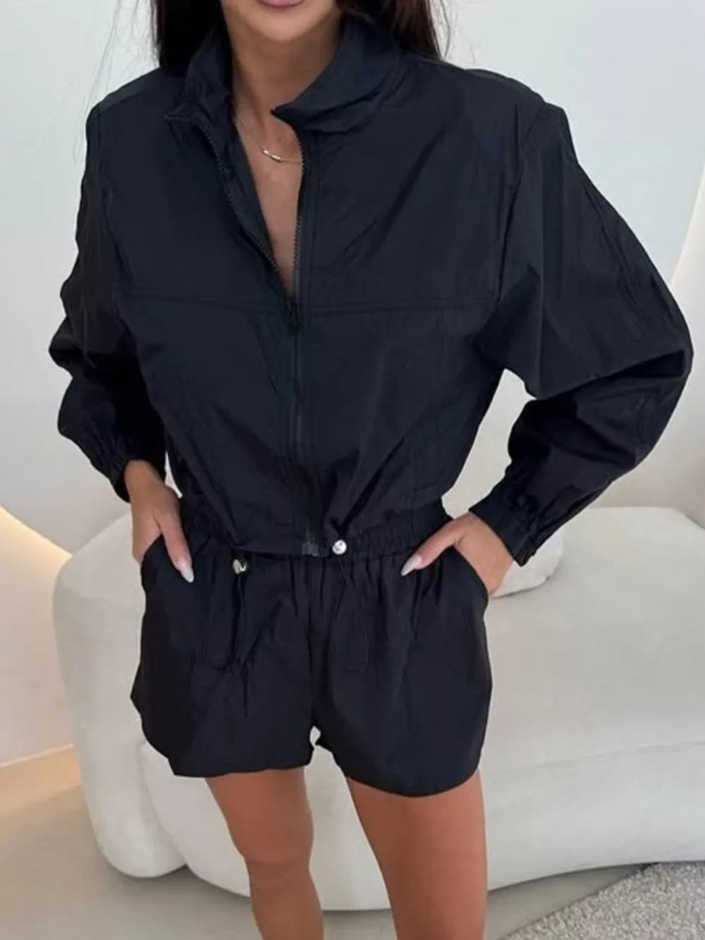 Zip Up Long Sleeve Outerwear And Shorts Set, fit detail