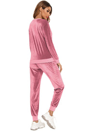 Dusty Pink velvet lounge set with contrast trim, long sleeve top and jogger pants.