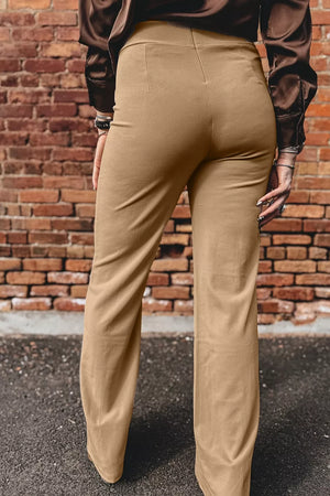High Waist Full Length Regular Fit Pants in Tan, back view