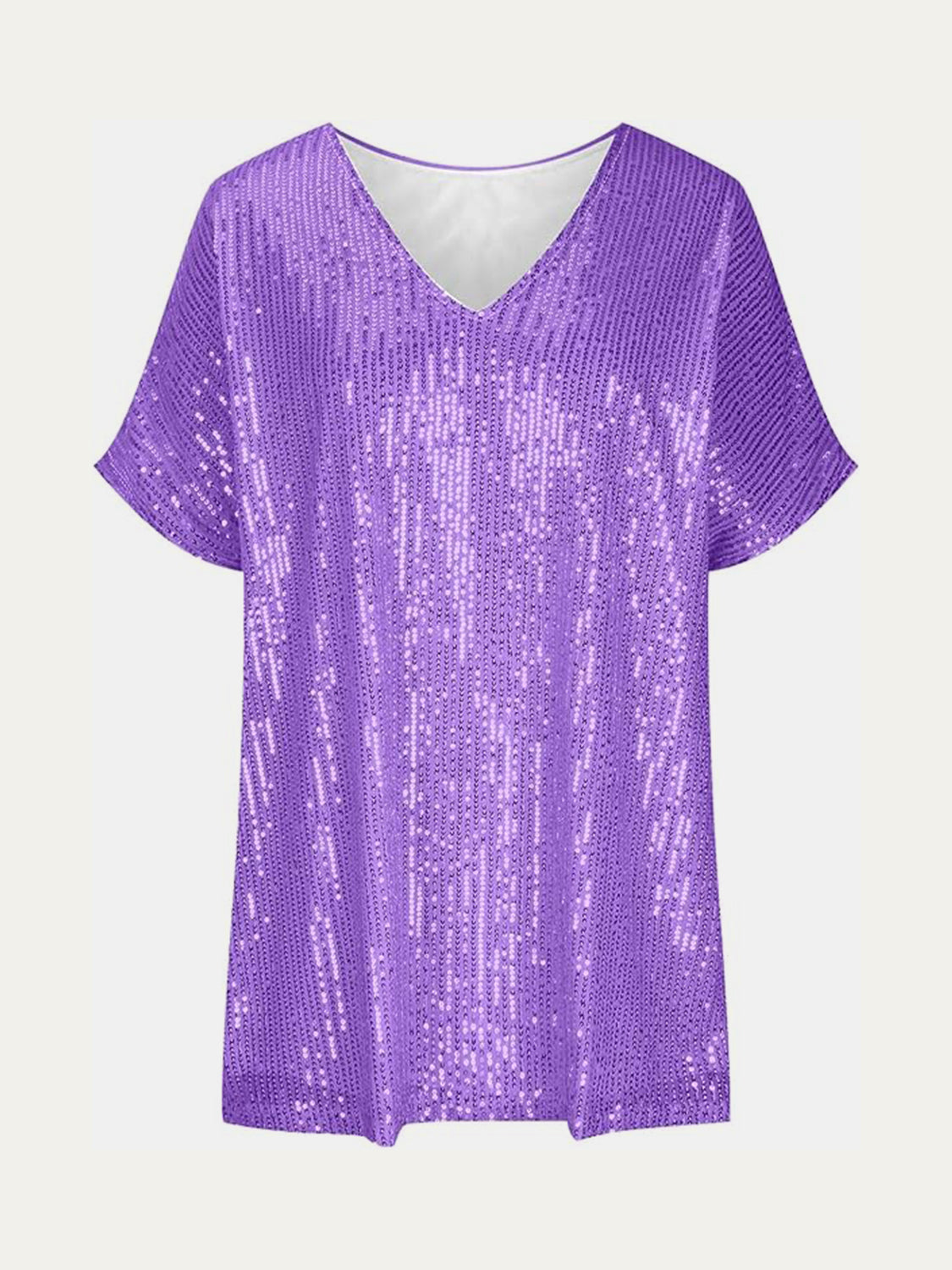 Purple sequin slouchy V-neck top with short sleeves