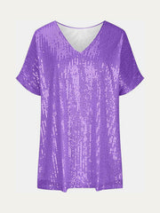 Purple sequin slouchy V-neck top with short sleeves