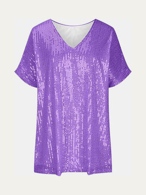 Purple sequin slouchy V-neck top with short sleeves