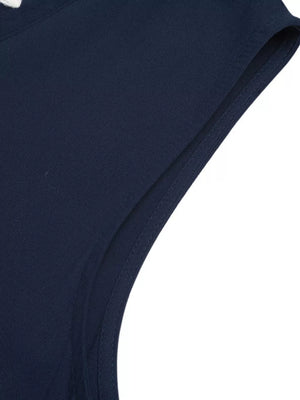Navy midi dress detail showing a sleeveless armhole with clean stitching.