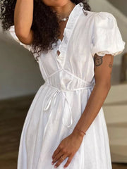 Frilled V-neck Tie-waist Maxi Dress