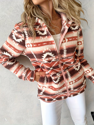Brown Aztec-inspired sherpa zip hoodie with a fuzzy texture and geometric pattern.