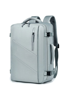 Structured grey backpack with zippered front pocket and side buckles