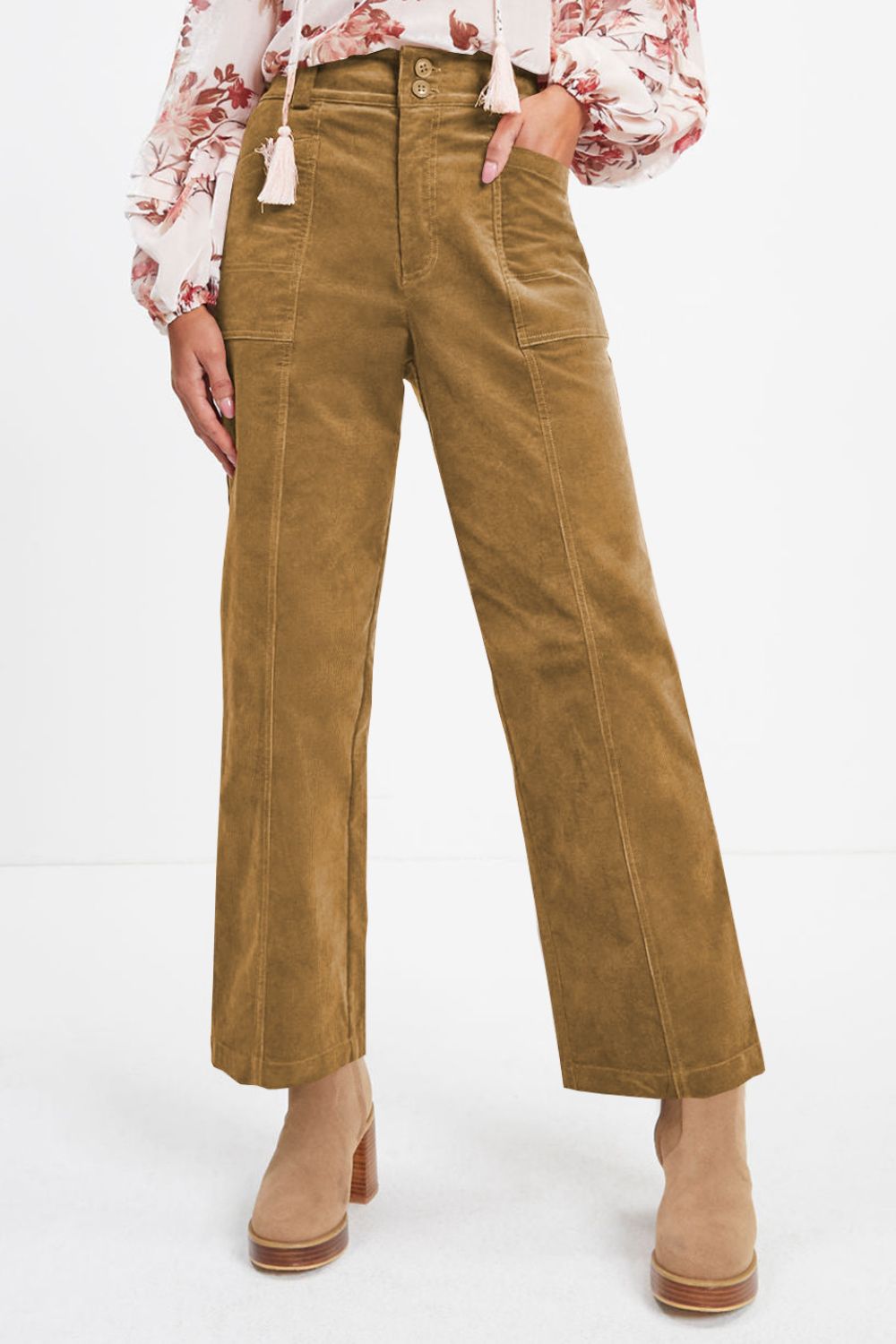 Caramel seamed front wide leg corduroy trousers with buttoned fly and patch pockets.