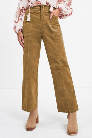 Caramel seamed front wide leg corduroy trousers with buttoned fly and patch pockets.