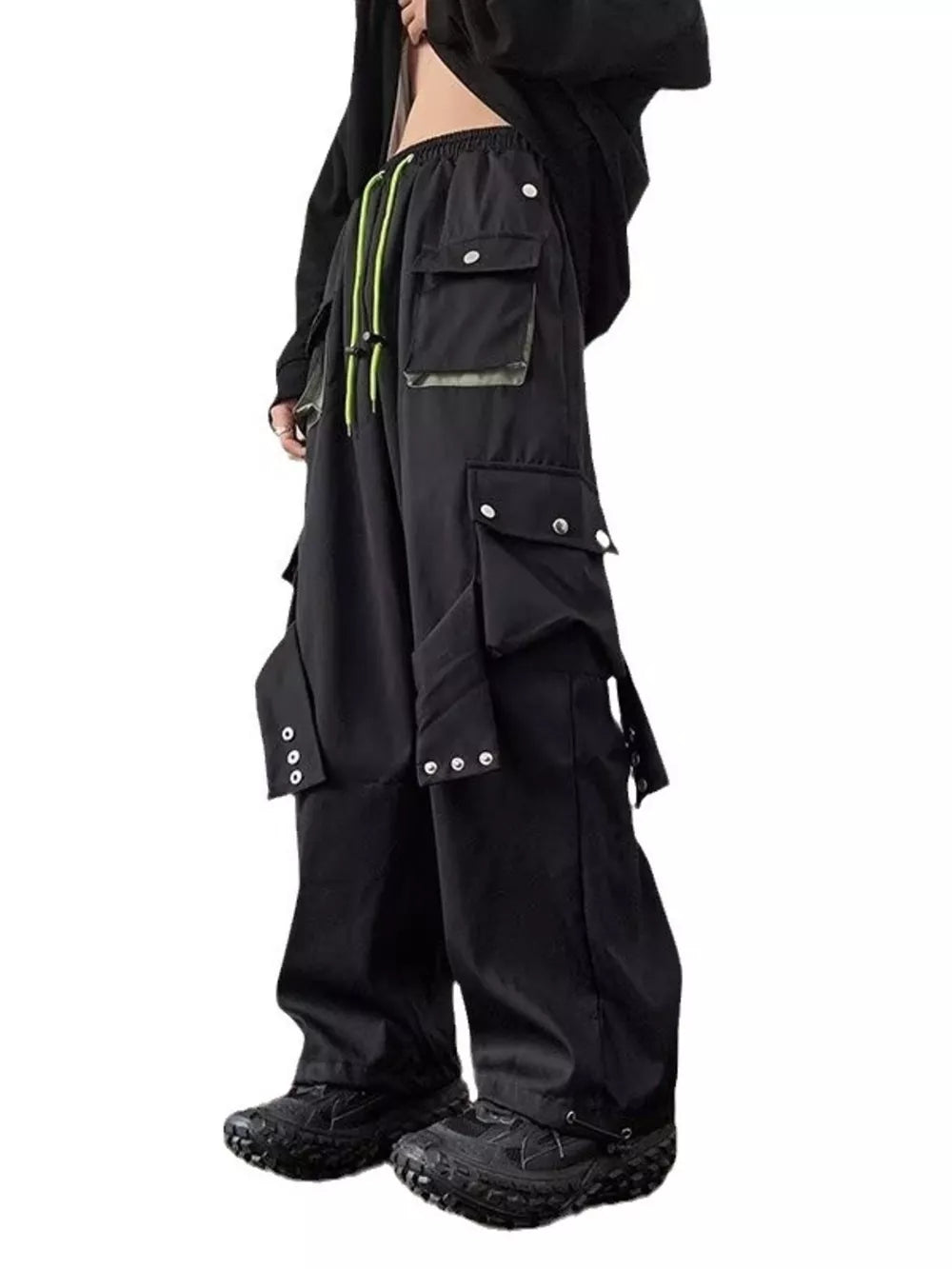 Men's black relaxed-fit cargo pants with multiple pockets and drawstring waist.