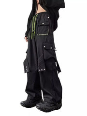 Men's black relaxed-fit cargo pants with multiple pockets and drawstring waist.