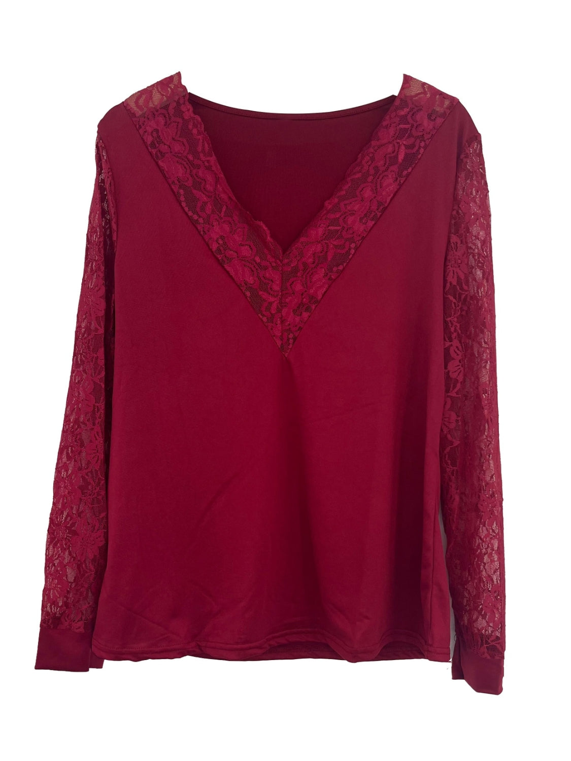 Burgundy V-neck blouse with lace inset neckline and long lace sleeves