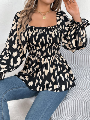 Black and cream print smocked bodice square neck blouse with balloon sleeves