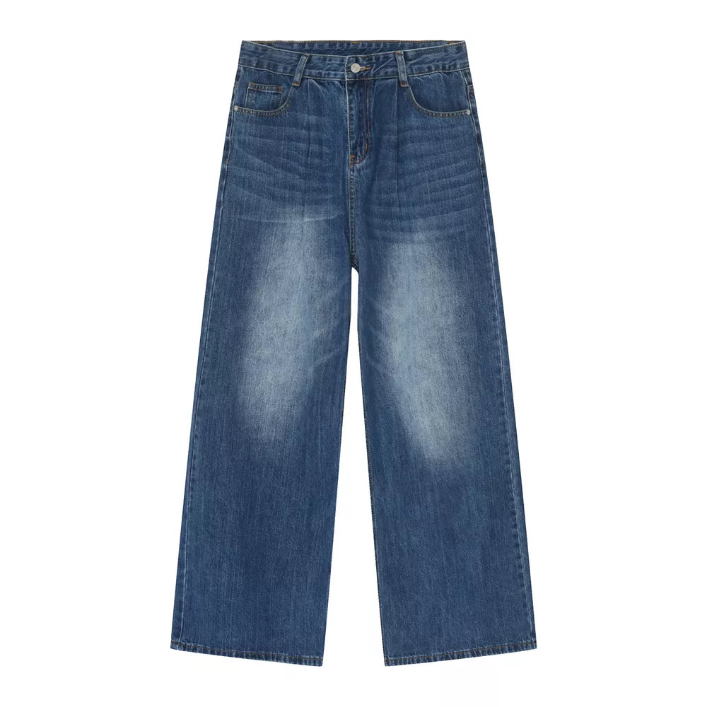 Men's wide leg denim jeans in blue wash cotton with a relaxed fit.