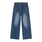 Men's wide leg denim jeans in blue wash cotton with a relaxed fit.