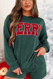 Green ribbed lounge set with red "Merry" graphic and shorts