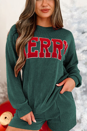 Green ribbed lounge set with red "Merry" graphic and shorts